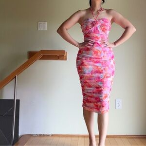 NWT ZARA FLORAL PRINTED TULLE RUCHED DRESS